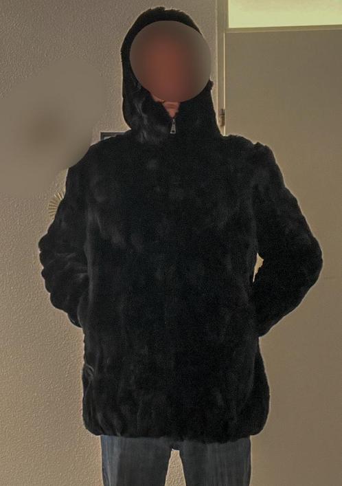 Bontjas van echt Rex konijnenbont (maat XL/XXL), Kleding | Heren, Jassen | Winter, Zo goed als nieuw, Maat 56/58 (XL), Zwart, Verzenden