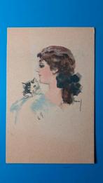 Vrouw met kat poes. Illustrator USABA, Verzamelen, Ansichtkaarten | Dieren, Ophalen of Verzenden, Voor 1920, Ongelopen, Hond of Kat