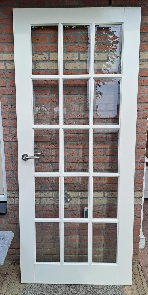 Mooie houten binnendeur met facetglas, Doe-het-zelf en Verbouw, Deuren en Horren, Gebruikt, Binnendeur, 200 tot 215 cm, 80 tot 100 cm