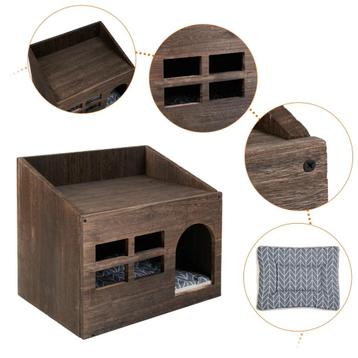 Houten Kattenhuis Met Kussen - Vintage Kattenbed beschikbaar voor biedingen