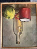 Stilleven met Appel, Fles en Kopje - 26x32 cm, Antiek en Kunst, Kunst | Schilderijen | Klassiek, Ophalen of Verzenden