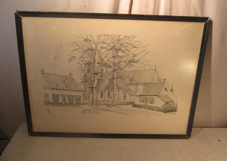 Mooie Tekening 'Centrum van het Dorpje' - Jef wouters, Antiek en Kunst, Kunst | Tekeningen en Foto's, Ophalen of Verzenden