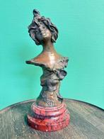 Antiek bronzen buste Vrouw gesigneerd op marmer, Antiek en Kunst, Ophalen of Verzenden