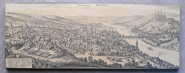 Kopergravure "Herbipolis / Würtzburg" Matthäus Merian ca1640, Antiek en Kunst, Kunst | Etsen en Gravures, Ophalen of Verzenden