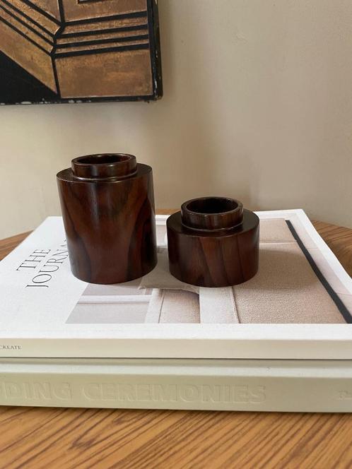 Set Vintage Deense Minimalist Ebbenhouten Kandelaars, Huis en Inrichting, Woonaccessoires | Kandelaars en Kaarsen, Gebruikt, Kandelaar