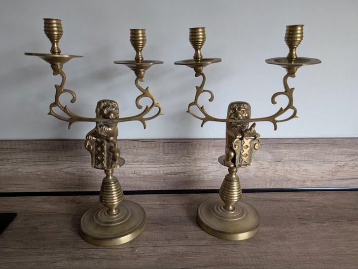 Antieke Amsterdamse Messing Kandelaars met Leeuw, Antiek en Kunst, Antiek | Kandelaars, Koper of Brons, Ophalen of Verzenden