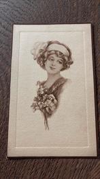 Mooi getekende portretkaart. Vrouw,band in haar,,bloemen, Ophalen of Verzenden, Voor 1920, Ongelopen, Overige thema's