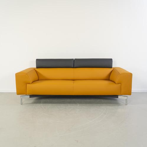 1x Leolux Howlo Bank 3-zits/160cm Maïsgeel/Zwart - Leer, Huis en Inrichting, Banken | Bankstellen, Zo goed als nieuw, Rechte bank