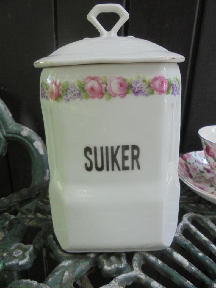 Grote Voorraadpot SUIKER met roze roosjes / paarse sering, Antiek en Kunst, Antiek | Servies los, Ophalen of Verzenden