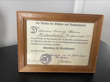 Duitse oorkonde Ehrenkreuz für Frontkämpfer in lijst beschikbaar voor biedingen
