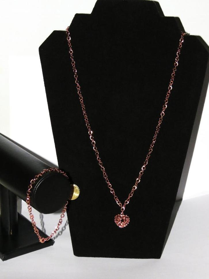 roze goudkleurig setje armband + ketting open gewerkt hartje, Sieraden, Tassen en Uiterlijk, Kettingen, Nieuw, Overige materialen