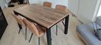 Houten eetkamer tafel met stalen frame en 6 stoelen, ZGAN, Ophalen, 50 tot 100 cm, Zo goed als nieuw, 150 tot 200 cm