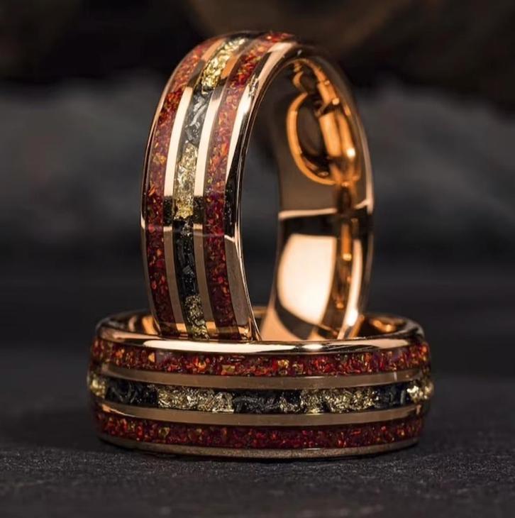 Trouwringen wolfraam met rood Opaal en rosé goud - Ryann, Sieraden, Tassen en Uiterlijk, Ringen, Nieuw, Dame of Heer, Overige kleuren