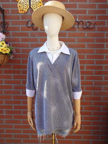 glanzende vintage retro top met kraag en stippenpatroon XL beschikbaar voor biedingen