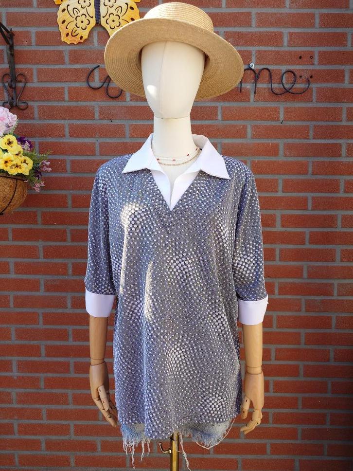 glanzende vintage retro top met kraag en stippenpatroon XL, Kleding | Dames, Blouses en Tunieken, Zo goed als nieuw, Maat 46/48 (XL) of groter