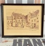 1955 tekening gesigneerd Cauwenberg HS.H op het dorpsplein, Ophalen of Verzenden