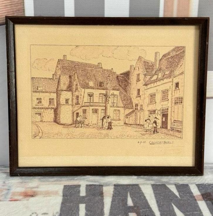 1955 tekening gesigneerd Cauwenberg HS.H op het dorpsplein, Antiek en Kunst, Kunst | Tekeningen en Foto's, Ophalen of Verzenden