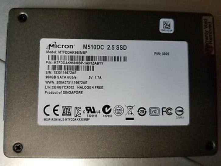 Micron M510DC enterprise SSD sata 960Gb(MLC) (4 op voorraad), Computers en Software, Harde schijven, Zo goed als nieuw, Laptop