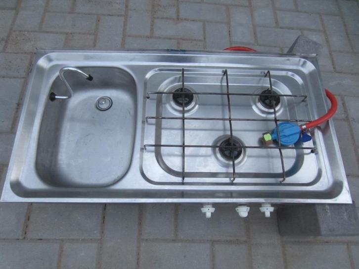 RVS gasstel met spoelbak, Caravans en Kamperen, Camper-accessoires, Gebruikt, Ophalen