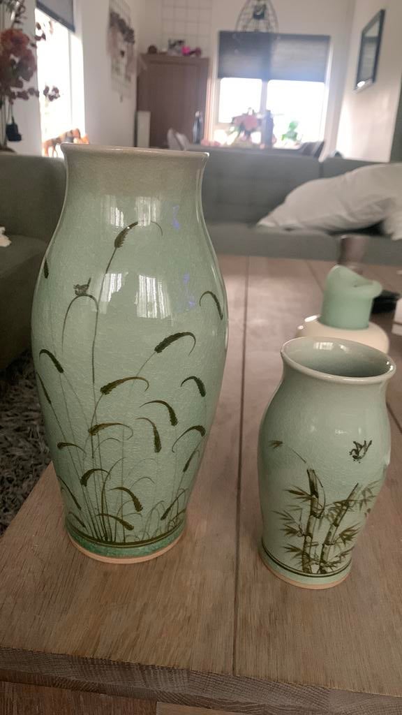 Potten van groen keramiek met libelles en helmgras, Ophalen of Verzenden
