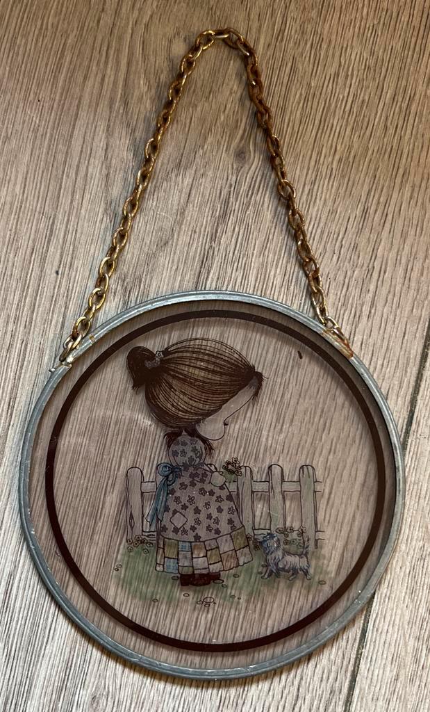 Vintage Glas in Lood Raamhanger Meisje met Hond, Huis en Inrichting, Woonaccessoires | Wanddecoraties, Gebruikt, Ophalen of Verzenden