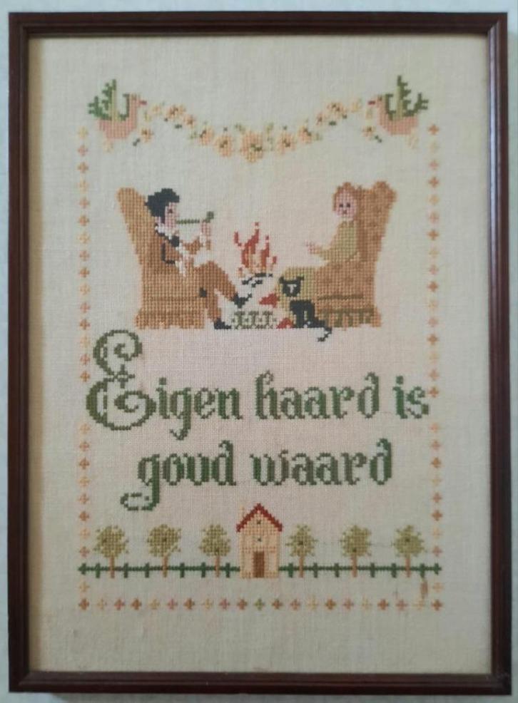 Zeer mooi merklap/gezegde in mahonie houten lijstje, Antiek en Kunst, Antiek | Kleden en Textiel, Ophalen of Verzenden