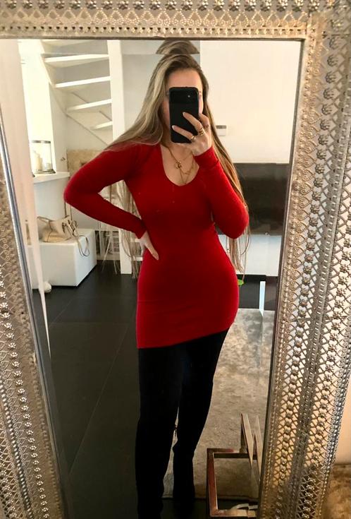 Rode gebreide jurk dames stretch midi 36 34 XS S ZGAN!, Kleding | Dames, Jurken, Nieuw, Maat 36 (S), Rood, Boven de knie, Ophalen of Verzenden