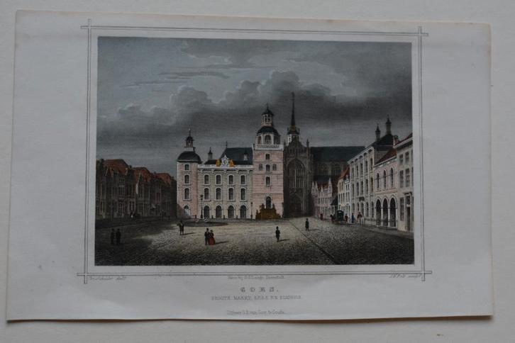 GOES GROTE MARKT Kerk Stadhuis Mooie Staalgravure Terwen GY2, Antiek en Kunst, Kunst | Etsen en Gravures, Verzenden