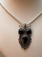 Zilveren collier hanger Uil Onyx, Verzenden, Zwart, Zo goed als nieuw, Met edelsteen