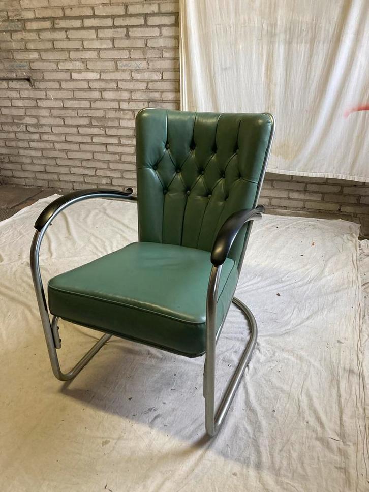 Vintage Jaren '50 Gispen 412 GE Mat Chroom Fauteuil Groen, Huis en Inrichting, Fauteuils, Zo goed als nieuw, Leer, Metaal, 50 tot 75 cm