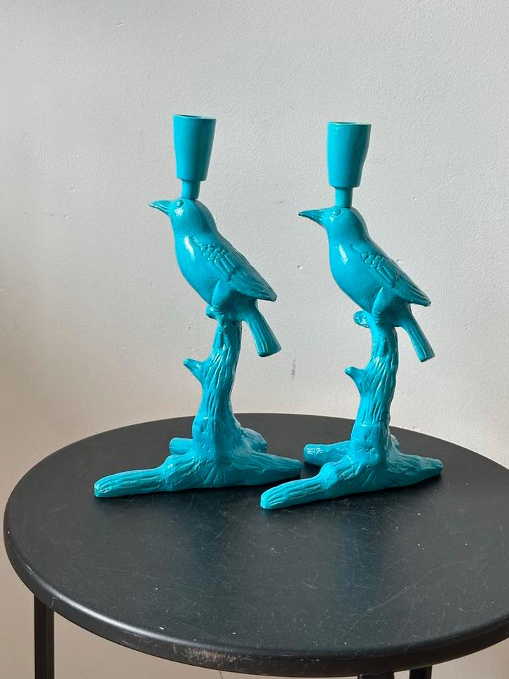 Turquoise Vogel Kandelaars - Set van 2, Huis en Inrichting, Woonaccessoires | Kandelaars en Kaarsen, Zo goed als nieuw, Kandelaar