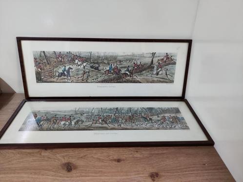 Twee ingelijste prenten van jachttaferelen, Antiek en Kunst, Kunst | Etsen en Gravures, Ophalen of Verzenden