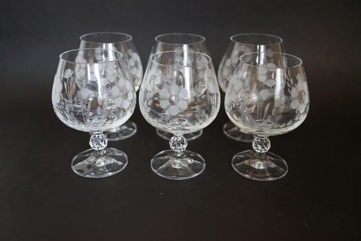 set geslepen d'arques? bloem blad 6x glas cognac kristal, Huis en Inrichting, Keuken | Servies, Zo goed als nieuw, Glas of Glazen