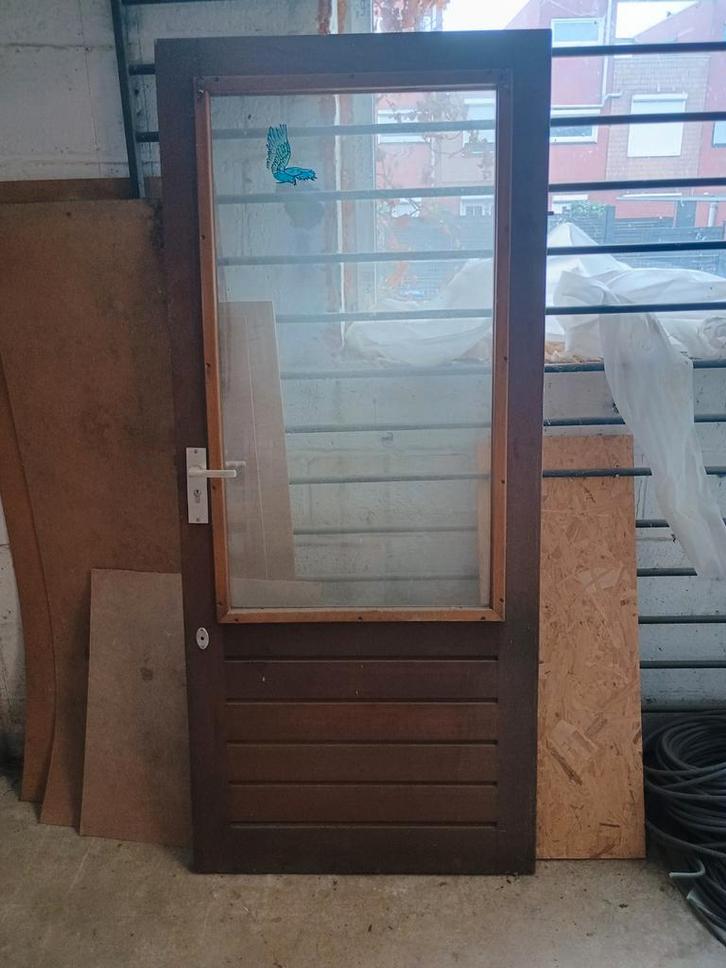Houten Buitendeur met Glas, Doe-het-zelf en Verbouw, Deuren en Horren, Gebruikt, Buitendeur, 200 tot 215 cm, 80 tot 100 cm, Glas