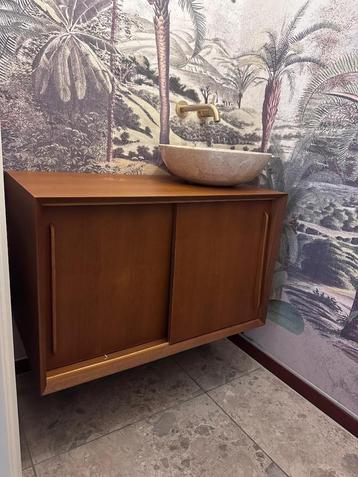Retro Badkamermeubel, wastafelkast met opzetkom, beige beschikbaar voor biedingen