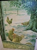 Prachtige oude plaat van kippen die buiten rondlopen., Antiek en Kunst, Antiek | Schoolplaten, Ophalen, Natuur en Biologie