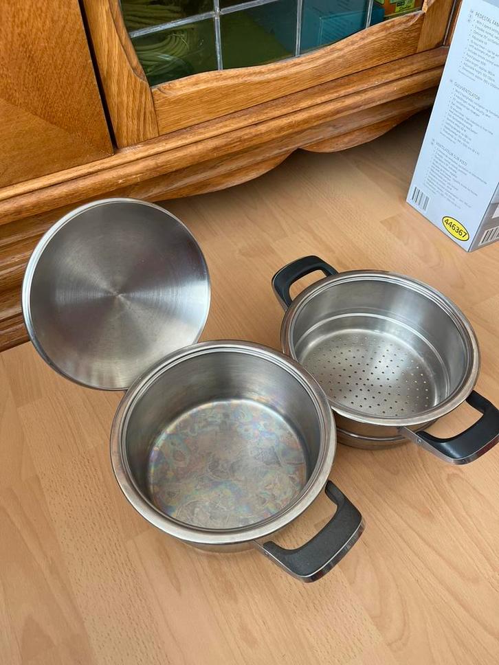 AMC pannenset, Huis en Inrichting, Keuken | Potten en Pannen, Gebruikt, Pannenset, Rvs, Ophalen of Verzenden
