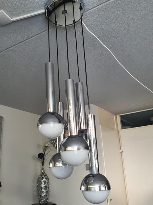 Cascade lamp hanglamp vintage space age chroom glas bollen, Huis en Inrichting, Lampen | Hanglampen, Glas, Metaal, Ophalen