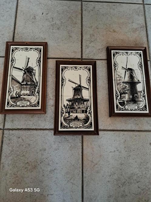 Vintage Hollandse Molen Tegeltableaus - Set van 3. 19 x 34 c, Antiek en Kunst, Antiek | Wandborden en Tegels, Ophalen of Verzenden