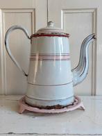 Antieke Franse emaille koffiepot - wit met roze streep, Ophalen of Verzenden