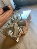 Salontafel teakhout boomstam glas: 120 bij 80 cm, Gebruikt, 100 tot 150 cm, Teakhout, Minder dan 50 cm