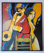 Saxofonist en vrouw. Olieverf op doek. Gesigneerd. 1995., Ophalen of Verzenden