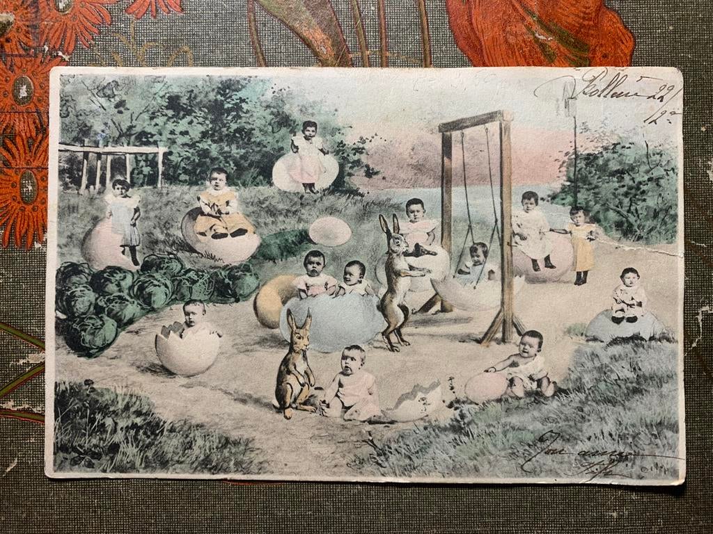 1904 Baby’s in de speeltuin met paashazen (BA), Ophalen of Verzenden, Voor 1920, Gelopen, Kinderen