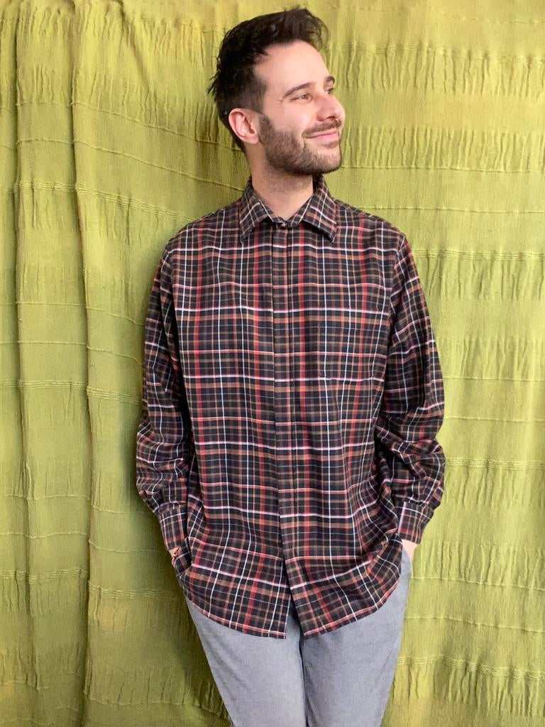 Vintage overhemd / flannel - Walbusch - bruin - geruit -L, Kleding | Heren, Overhemden, Bruin, Vintage, Ophalen of Verzenden, Halswijdte 41/42 (L)