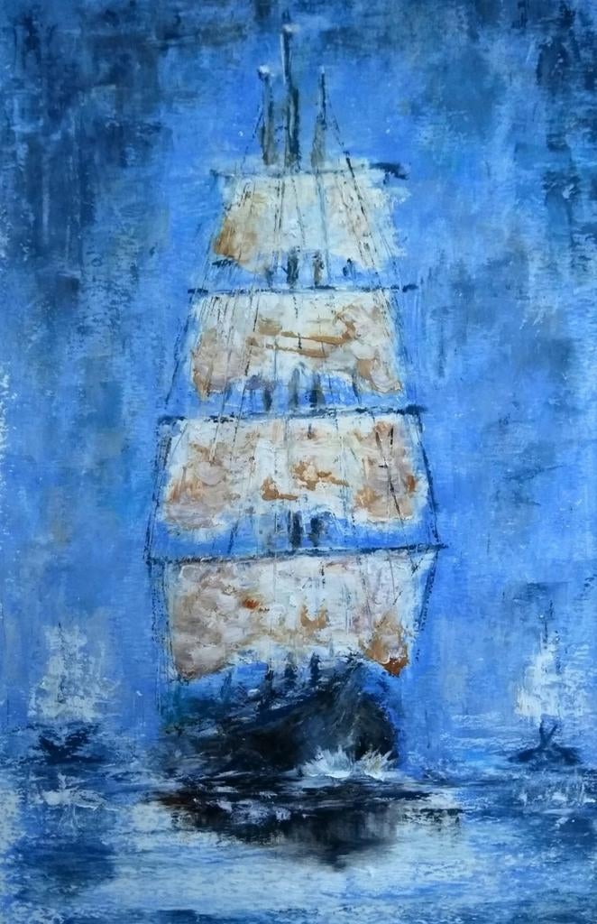 Oliepastel Schilderij: Zeilschip op zee, Ophalen of Verzenden