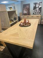 Grote Eiken Boomstam Eettafel 220 cm – Industriële V poten, Huis en Inrichting, Tafels | Eettafels, Ophalen, 100 tot 150 cm, Eikenhout