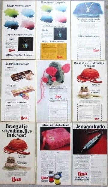 17 vintage advertenties reclames van Tina blad 1980, Ophalen of Verzenden, Gebruikt, Overige typen
