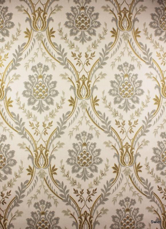 6194 Vintage grijsblauw klassiek behang sierlijke bloemen, Ophalen of Verzenden, Minder dan 10 m²