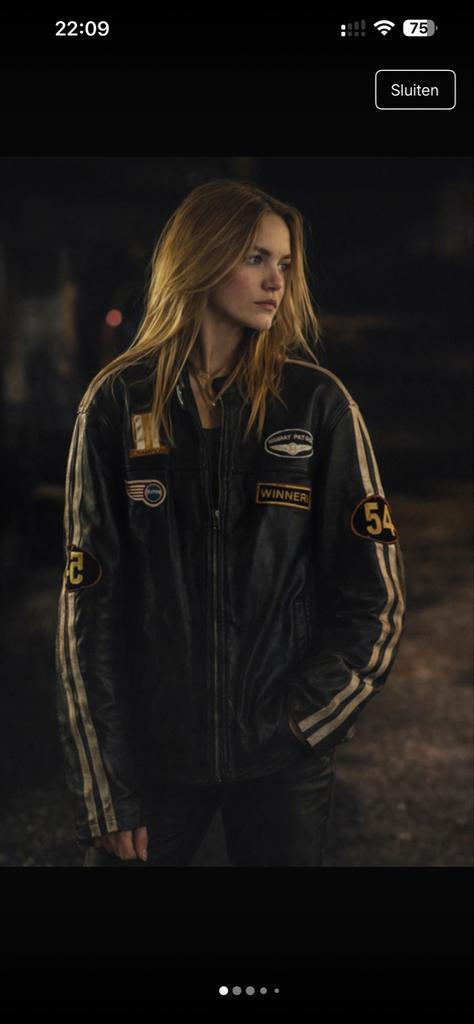 Vintage Leren Motor Race Jas - Zwart met Patches, Kleding | Dames, Jassen | Zomer, Gedragen, Maat 46/48 (XL) of groter, Zwart