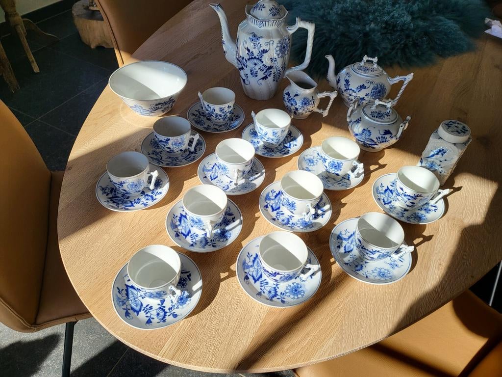 Antieke zwiebelmunster porseleine theeset bleu onion, Ophalen of Verzenden